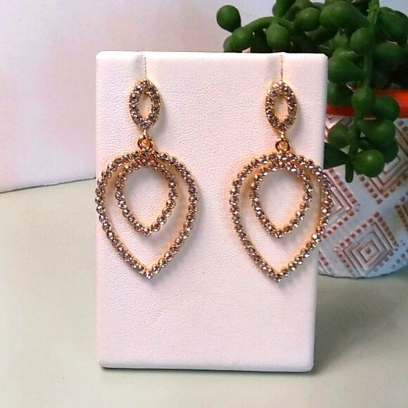 Clear Gem Pave' Double Upside Down Teardrop Earrings - Picture 1 of 3